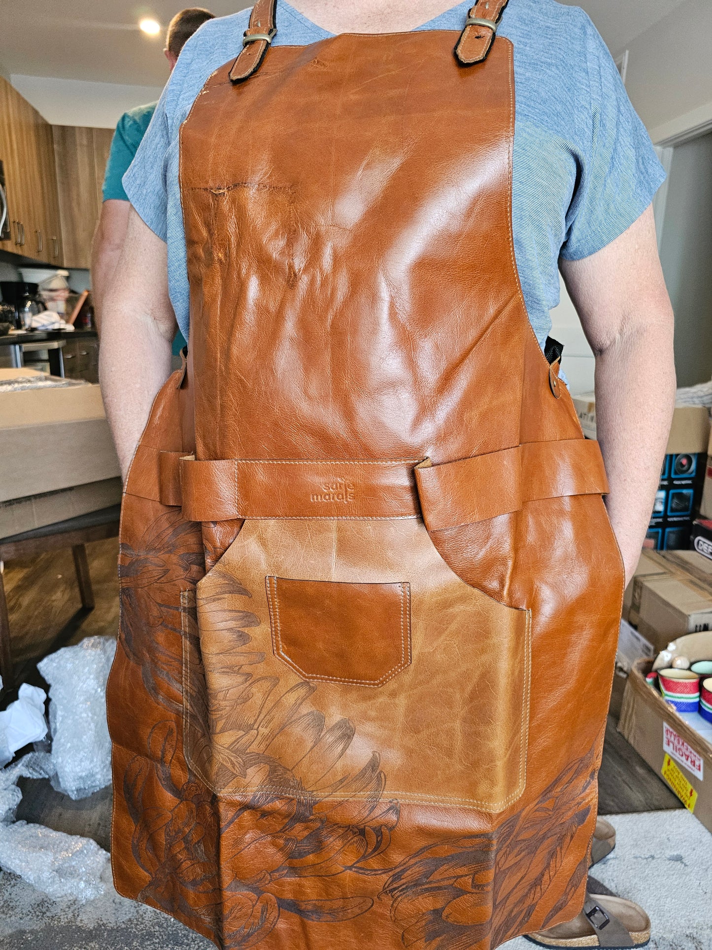 Tan Leather Apron - engraved protea