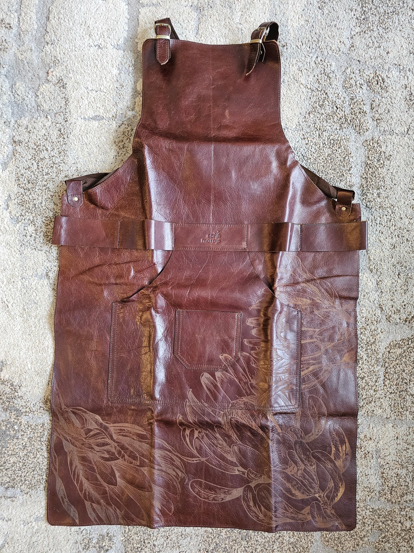 Tan Leather Apron - engraved protea